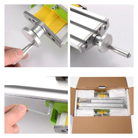 Rock Solid Compact Bench Drill Vise And Lathe Worktable Fixture With Dead Nuts Accurate X And Y Adjustment Coordinate Table showing adjustment tools and packaging.