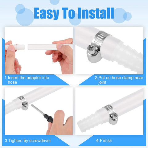 Installation guide for Ten Piece Plastic Hose Barb Fittings Set Three Eighths Inch with Twenty Hose Clamps showing step-by-step process