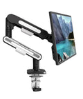 Sturdy rotating mechanical monitor arm for 13-32 inch LCD screens, adjustable height, black and white color, universal VESA mount.