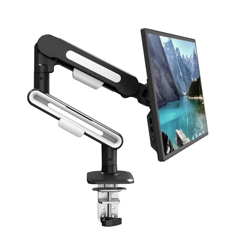 Sturdy rotating mechanical monitor arm for 13-32 inch LCD screens, adjustable height, black and white color, universal VESA mount.