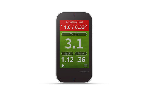 Front view of All In One GPS Golf Handheld With Built In Launch Monitor 3.5 Inch Sunlight Readable Touchscreen showing swing data.