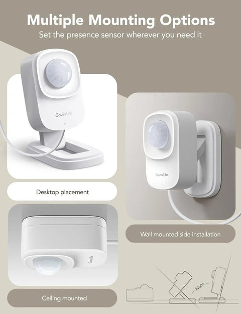 Human Presence Sensor with mmWave Radar and PIR for smart home, shown in desktop, wall, and ceiling mounting options, 2.4 GHz WiFi