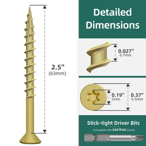 Diagram showing dimensions of Tan Exterior Deck Screws Two And A Half Inch No Ten Wood Screws For Outdoor Decking 62 Piece Pack