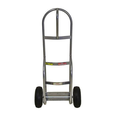 Heavy-Duty Welded Aluminum Hand Truck With P-Handle, 800-Pound Load Capacity, front view with pneumatic tires