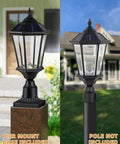 Solar Post Lights With 3-Inch Base Adapter, Aluminum Pillar Lamp With Clear Glass, Dusk To Dawn Auto On Solar Lantern For Porch Garden Backyard, Remote Control, Warm And Cool White LEDs, Black on pier mount and pole not included.