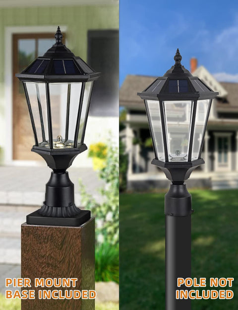Solar Post Lights With 3-Inch Base Adapter, Aluminum Pillar Lamp With Clear Glass, Dusk To Dawn Auto On Solar Lantern For Porch Garden Backyard, Remote Control, Warm And Cool White LEDs, Black on pier mount and pole not included.