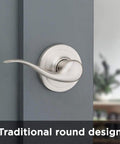 Dummy Door Lever For Interior Doors Left Handed Satin Nickel Non Turning Single Sided Push Pull Handle For Closets French Double Doors And Pantry With No Latch Or Lock No Fuss Easy Install Diy, round satin nickel lever on gray interior door