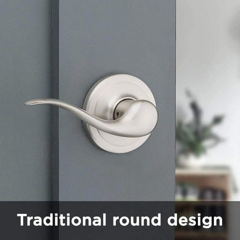 Dummy Door Lever For Interior Doors Left Handed Satin Nickel Non Turning Single Sided Push Pull Handle For Closets French Double Doors And Pantry With No Latch Or Lock No Fuss Easy Install Diy, round satin nickel lever on gray interior door