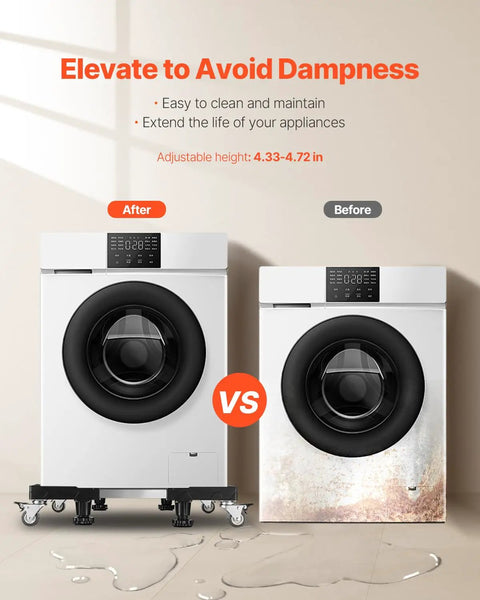 Adjustable Mini Fridge Stand 27.5-35.4 Inches Tall Universal Mobile Base showing before and after elevating appliances to avoid dampness.
