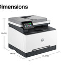 Color LaserJet Pro MFP 3301sdw Wireless All In One Color Printer For Small Office Teams With Fast 26 Ppm Scanner Copier ADF Duplex Easy Wireless Setup showing dimensions 16.46"W, 16.5"D, 13.4"H