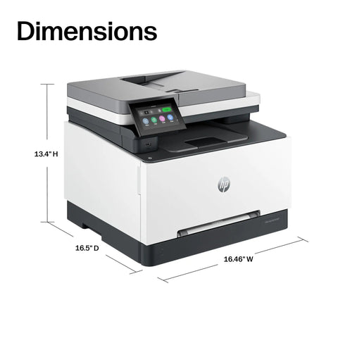 Color LaserJet Pro MFP 3301sdw Wireless All In One Color Printer For Small Office Teams With Fast 26 Ppm Scanner Copier ADF Duplex Easy Wireless Setup showing dimensions 16.46"W, 16.5"D, 13.4"H