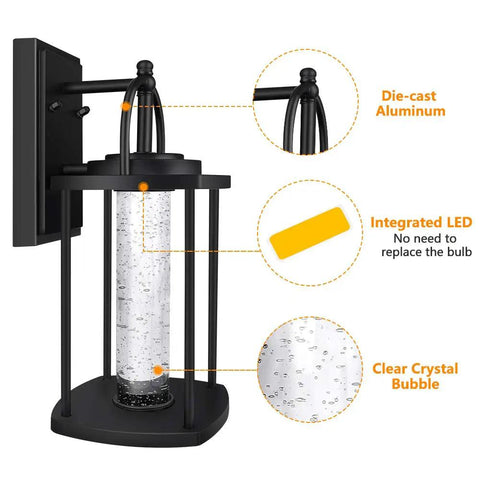 Modern LED Wall Sconce With Crystal Bubble Glass For Indoor Or Outdoor Use, features die-cast aluminum and integrated LED