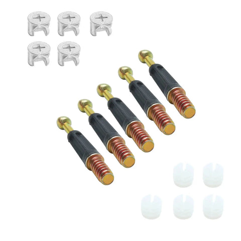 Twenty Four Piece 35 mm Cam Screw And Dowel Pin Kit With Zinc Connectors showing cam screws and connectors for furniture assembly.