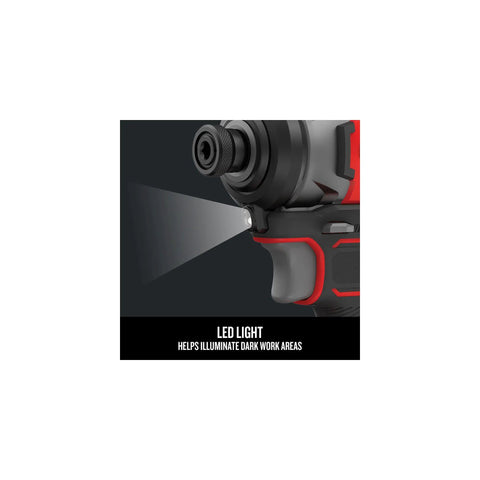 V20 Cordless Impact Driver Kit with LED light feature illuminating work area, black and red design, 1/4 inch quick release chuck