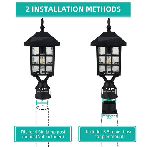 Solar Lamp Post Light Outdoor Matte Black Waterproof With 3.5 Inch Pier Mount Base installation methods illustration