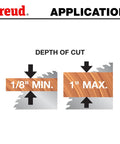 Depth of cut application for 10 Inch Industrial Thin Kerf Glue Line Ripping Blade with 1/8 inch to 1 inch wood.