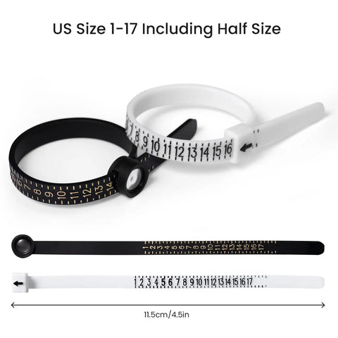 Image of Pro Grade Ring Sizer Tool Set For Jewelry Making, black and white strip ring gauge showing US sizes 1-17.