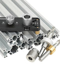 Aluminum Profile Drill Guide With M6 And M8 Step Drill Bits for 20, 30 and 40 series European standard aluminum extrusion profiles, close-up view.