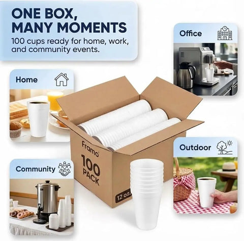 12 Oz Insulated Foam Cups 100 Pack Grab And Go Disposable Coffee Cups For Hot Or Cold Beverages Ideal For Parties Picnics BBQ Travel