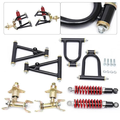 Image of Front Suspension Swingarm Assembly Kit For DIY ATVs Go Karts Buggy And Quad Projects With 195mm And 220mm Upper And Lower Swingarms And Front Shocks Includes 2 Shocks 2 Upper Arms And 2 Lower Arms Easy Install showing components layout.