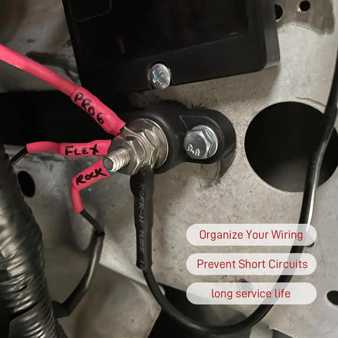 Dang Tough Single Stud Battery Junction Block For Cars And Boats Slick 12V Power And Ground Distribution Post with wires attached