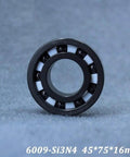 Top Tier Silicon Nitride Full Ceramic Ball Bearings Model 6009 with PTFE Cage and 45X75X16MM specs, showing the ceramic bearing design.