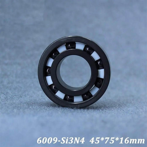 Top Tier Silicon Nitride Full Ceramic Ball Bearings Model 6009 with PTFE Cage and 45X75X16MM specs, showing the ceramic bearing design.