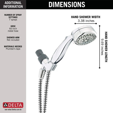 7 Setting Hand Shower Chrome Finish With Touch Clean Spray Holes For Easy Calcium Buildup Removal, dimensions displayed