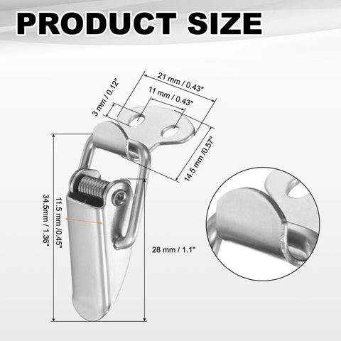 4 Pack Stainless Steel Spring Loaded Toggle Latches With Mounting Screws For Cabinets Tool Boxes Chests Barn Doors And Wooden Cases Built Tough For Everyday Use, showing design and measurements with close-up detail.