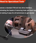 Beefy 10 Ton Brake Anchor Pin Press 16002 for Class 6-8 semi trucks tool demonstrating pin removal on truck wheel assembly.