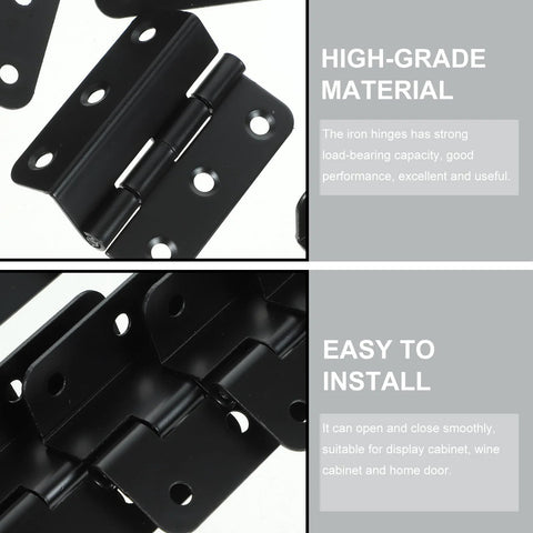 Front view of Toddmomy 10-pack black iron cabinet hinges with screw holes for home furniture.