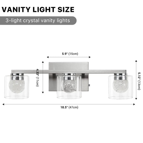 Three Light Dimmable Modern Vanity Light Fixture In Brushed Nickel With Globe Crystal Glass Over Mirror dimensions image