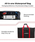 Portable Freestanding Stand With Waterproof Carry Bag For Outdoor Propane Tankless Water Heater AY132 Series Includes Two Stands And All Screws For Easy No Fuss Setup shown with CAMPLUX branded bag for carrying.