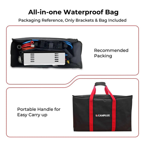 Portable Freestanding Stand With Waterproof Carry Bag For Outdoor Propane Tankless Water Heater AY132 Series Includes Two Stands And All Screws For Easy No Fuss Setup shown with CAMPLUX branded bag for carrying.