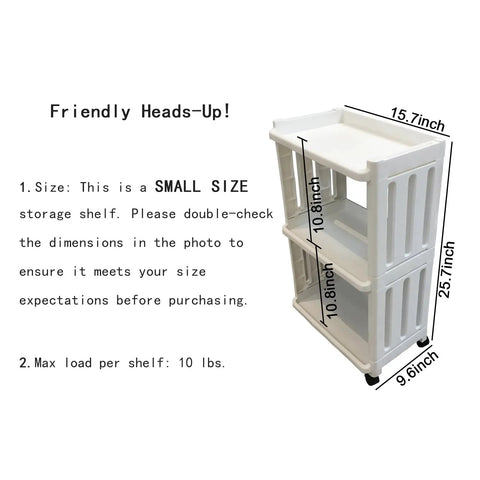 Rolling Storage Cart With Wheels, Slim 3 Tier Narrow Mobile Shelving Unit, Space Saver, white, with measurements visible