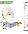 Measurements and side view of Six Pack LED Recessed Ceiling Lights With Night Light Dope Color Rendering High CRI90 1200 Lumens 14W Equal To 100W Adjustable 2700K To 5000K Dimmable Ultra Thin Downlight J Box Included For Easy Home Upgrades