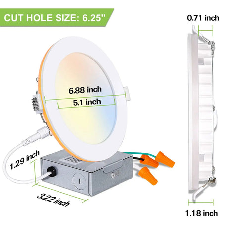 6 Inch Ultra Thin LED Recessed Ceiling Light with Night Light showing installation dimensions and junction box