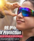 Person wearing Mirage Vented Safety Goggles With Adjustable Elastic Band And Protective Pouch For Outdoor Activities UV Protection Blue Mirror Lenses Dustproof Design For Men And Women outdoors.