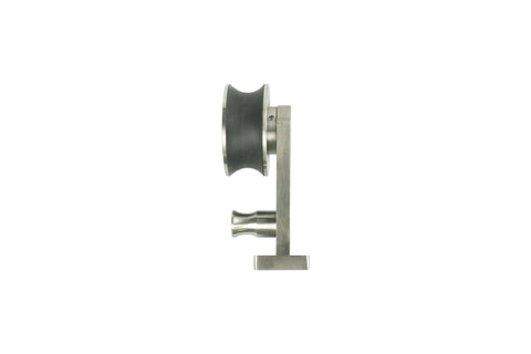 Side view of top-mounted roller from Ten Foot Stainless Steel Sliding Barn Door Hardware Kit With Double Track And Top Mounted Rollers