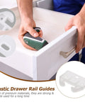 Man installing a 12-Piece Plastic Drawer Rail Guides Replacement Kit for Cabinets, Closets, Dressers and Furniture Systems.