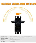 MG995 Digital RC Servo Motor with 180-degree control angle, high speed torque, metal gears, and operating specifications displayed.