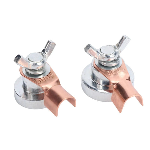 Rugged Magnetic Grounding Clamp Built With Strong Brass And Stainless Steel For Welding Jobs showing two grounding clamps.