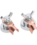 Get Your Welding Game Strong With This Killer Stainless Steel Ground Clamp Set Featuring A Super Grippy Magnetic Suction Head For Fast Setup On Flat Or Curvy Metal Surfaces In Any Garage or Workshop Shop Environment. Close-up of 500A welding ground clamps with brass connectors.