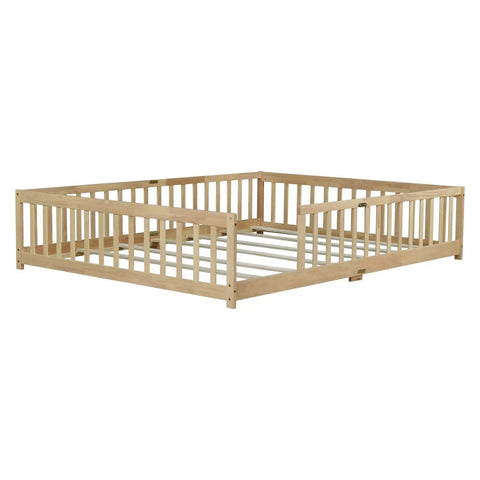 Queen Floor Bed With Safety Guardrails in Natural Rubber Wood Finish Solid Construction That Supports Up to 500 Lbs