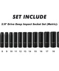 Three Eighths Inch Drive Deep Impact Socket Set With 6 Point Metric 7mm To 19mm Built Tough In CR V Chrome Vanadium