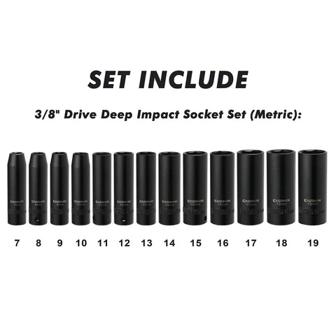 Three Eighths Inch Drive Deep Impact Socket Set With 6 Point Metric 7mm To 19mm Built Tough In CR V Chrome Vanadium