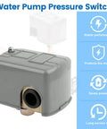Well Pump Pressure Switch 40 To 60 Psi With Adjustable Differential And 1/4 Inch NPT Female Fittings, gray casing, feature highlights