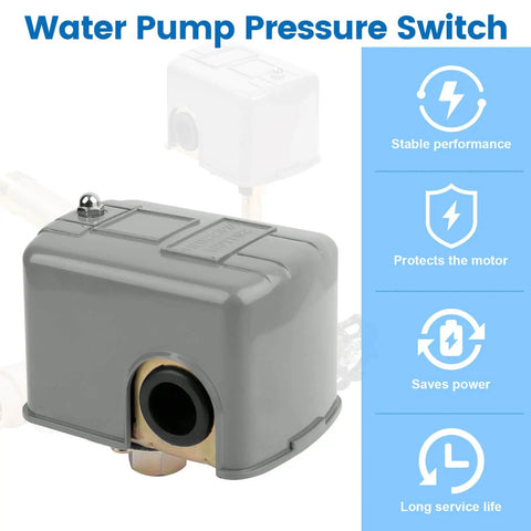 Well Pump Pressure Switch 40 To 60 Psi With Adjustable Differential And 1/4 Inch NPT Female Fittings, gray casing, feature highlights