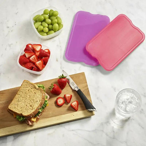 Slim Reusable Gel Ice Packs Set Of 8 Bpa Free Space Saving Cooler Block Quick Freeze Flexible Fit in colorful containers with food.