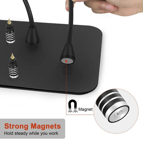 Magnetic holder detail on Beefy Heavy Duty Soldering Station With Magnetic PCB Holder And 5 LED Magnifier, Extra Large 12x7.8 Inch Base For Electronics Repair, Flame Retardant Aluminum Alloy Frame, Stable Workbench Soldering Stand For PCBs